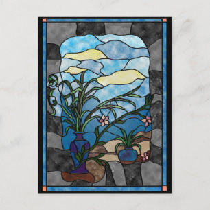 Flower Vas Plant Vintage Stached Glass Stil Vykort