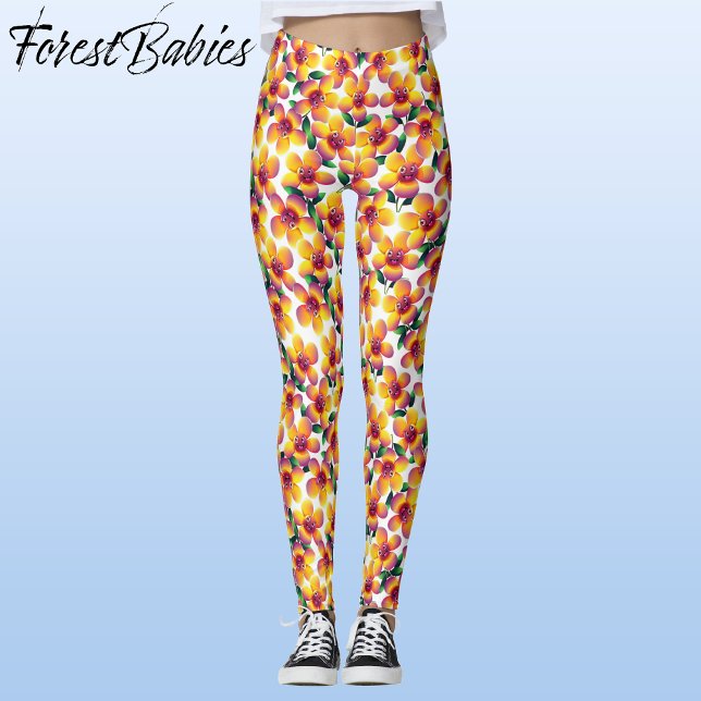 Flower 🌼 Whimsique Cute Roligt Blommigt Design Mö Leggings (Silly Flower Pattern, ForestBabies Leggings, Front)
