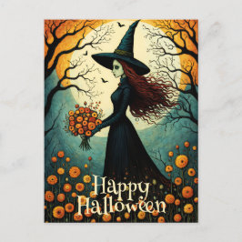 Flower Witch Girl Night Forest Happy halloween Vykort