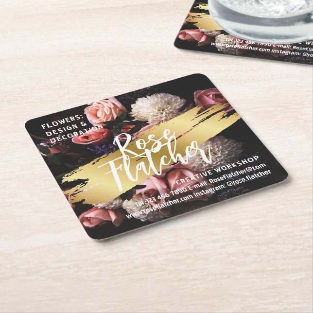 Flower Workshop Black Guld Underlägg Papper Kvadrat (Vinklad)