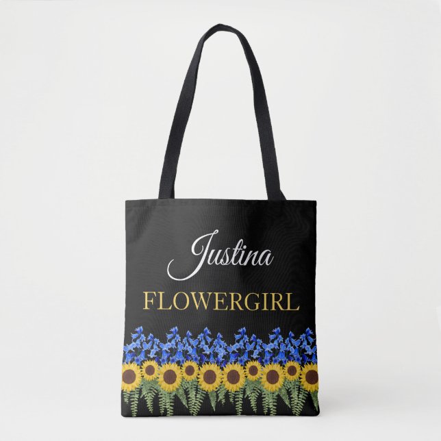 Flowergirl Rustic Bluebells & Sunblommor Bröllop Tygkasse (Framsida)