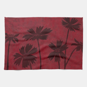 Flowerhead Silhouettes på Crimson Background Kökshandduk