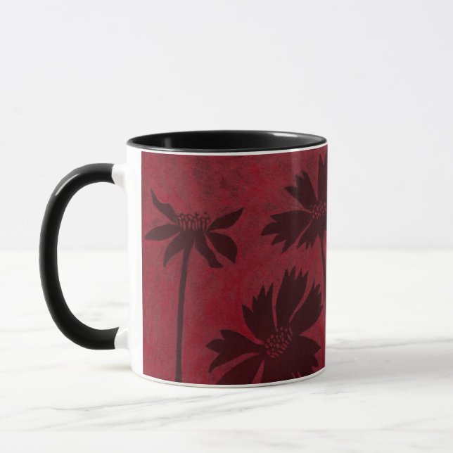 Flowerhead Silhouettes på Crimson Background Mugg (Vänster)