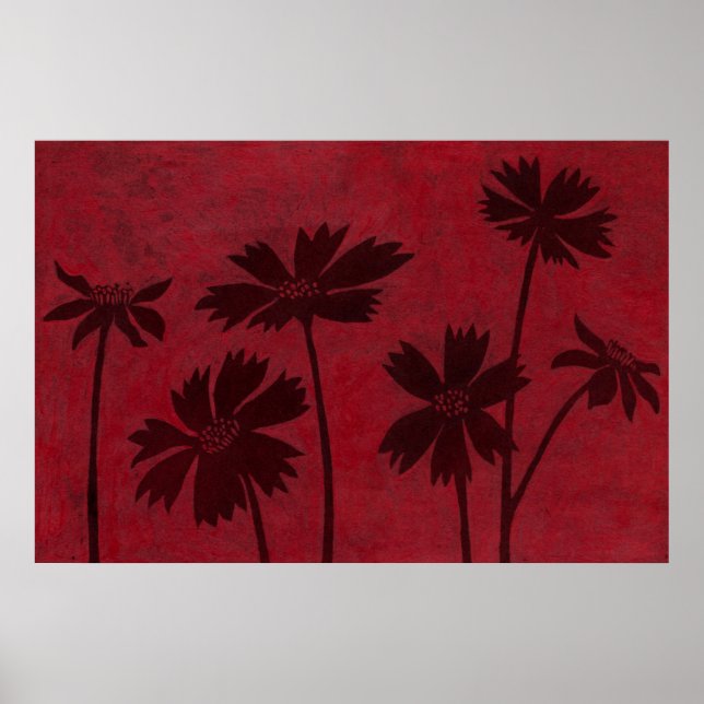 Flowerhead Silhouettes på Crimson Background Poster (Framsidan)