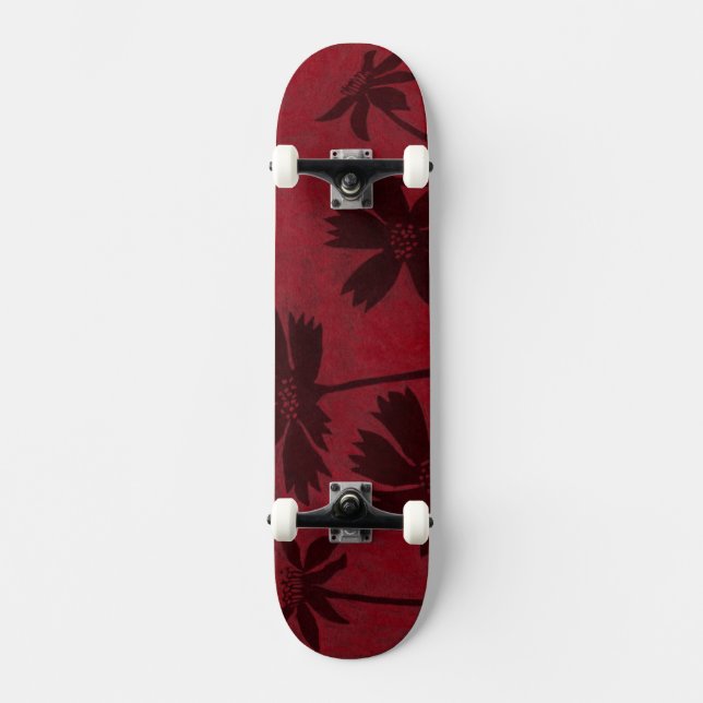 Flowerhead Silhouettes på Crimson Background Skateboard Bräda 21,5 Cm (Framsida)