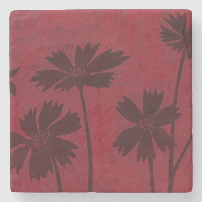 Flowerhead Silhouettes på Crimson Background Stenunderlägg (Framsidan)