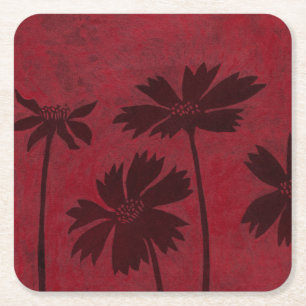 Flowerhead Silhouettes på Crimson Background Underlägg Papper Kvadrat