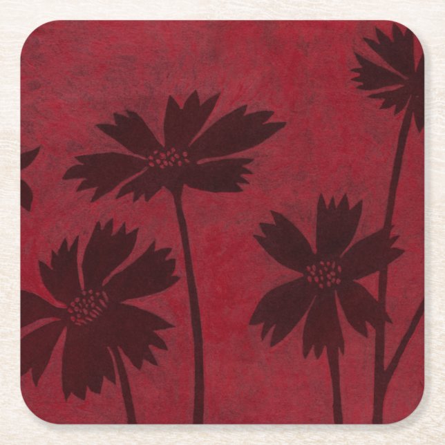 Flowerhead Silhouettes på Crimson Background Underlägg Papper Kvadrat (Framsidan)