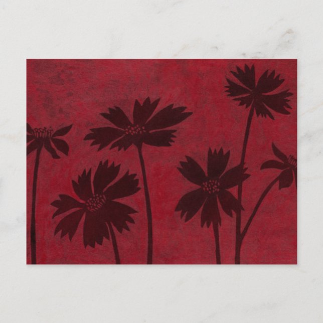 Flowerhead Silhouettes på Crimson Background Vykort (Framsida)