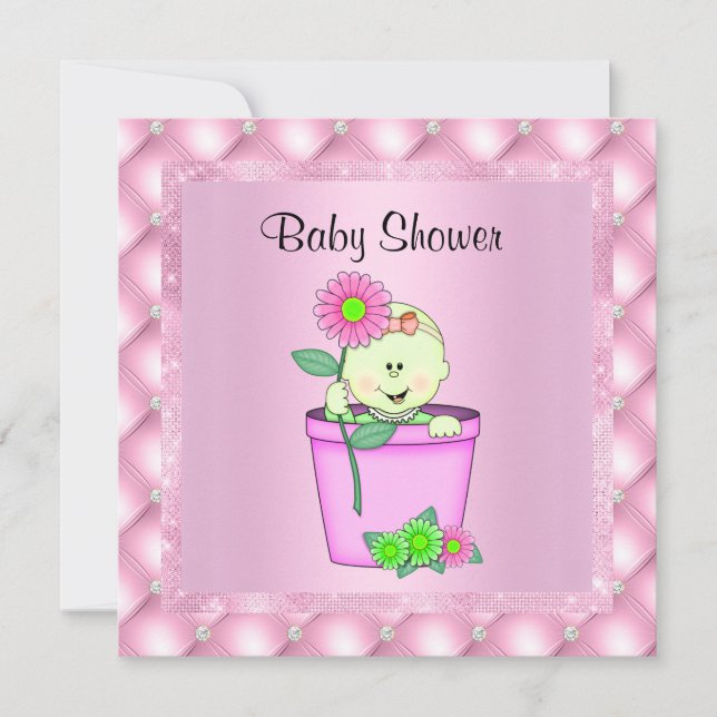 FLOWERPOT ROSA BABY SHOWER-INBJUDAN, ny romb Inbjudningar (Framsida)