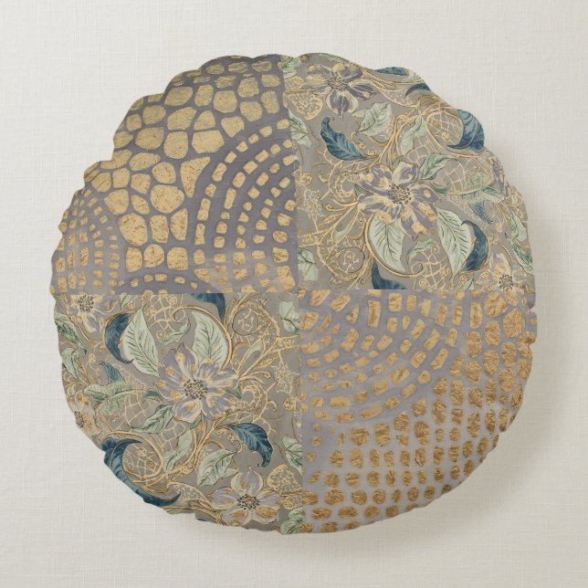 Flowers and Golden Giraffe Skin, Grey Background Rund Kudde (Framsidan)