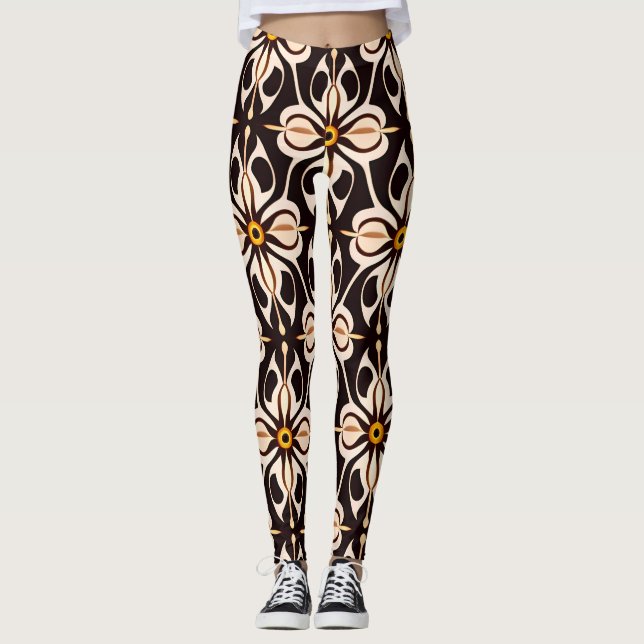 Flowers Batik Gult Beige Blommönster Leggings (Framsida)