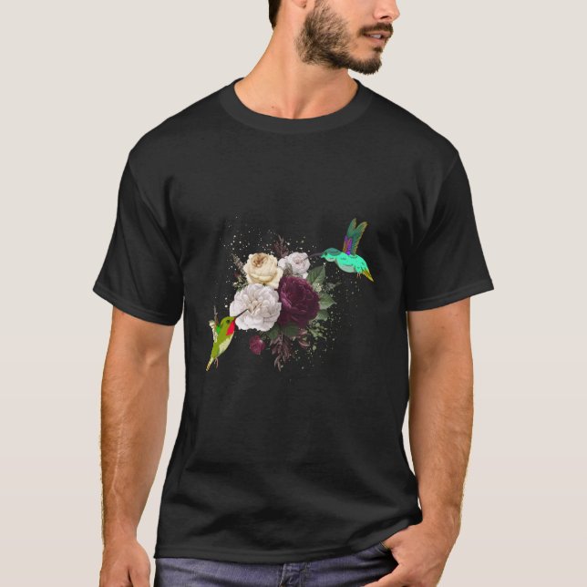 Flowers Bird Animal Ro Blommigt Hummingbird T Shirt (Framsida)