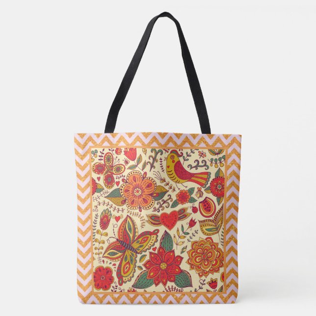 Flowers Birds and Butterflies Boho Chic Tygkasse (Framsida)