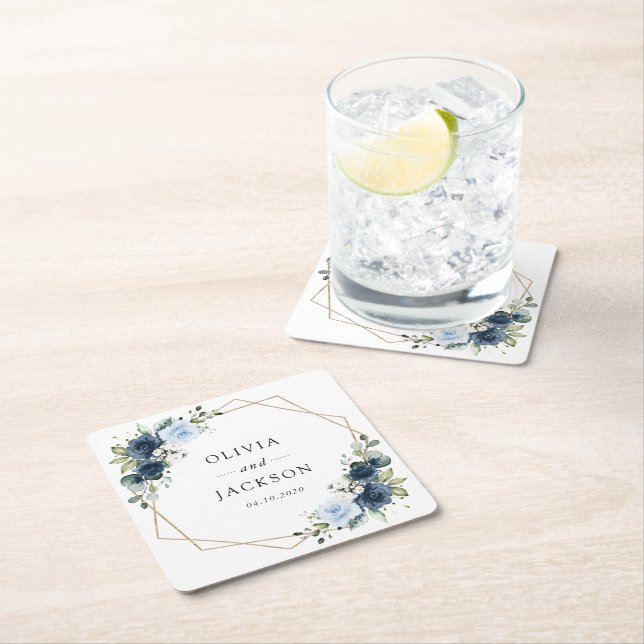 Flowers, Blåa blommor, Boho, Blommigt Bröllop Underlägg Papper Kvadrat (Insitu)