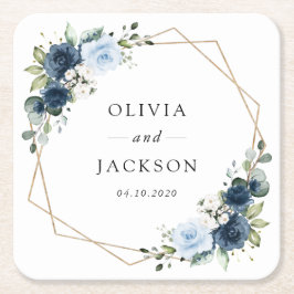 Flowers, Blåa blommor, Boho, Blommigt Bröllop Underlägg Papper Kvadrat