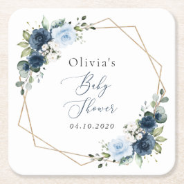 Flowers, Blåa blommor, Grey, Baby Shower Underlägg Papper Kvadrat