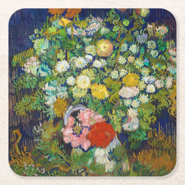 Flowers Bouquet i Vas, Van Gogh Underlägg Papper Kvadrat (Framsidan)