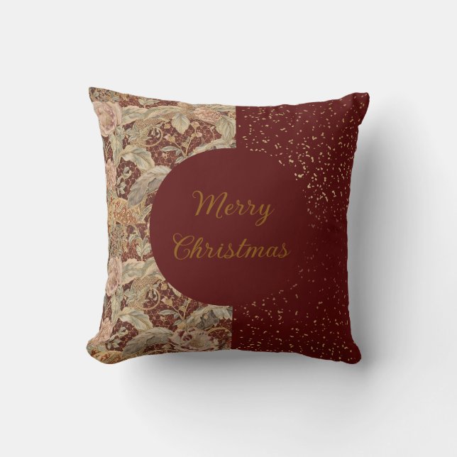 Flowers,Burgundi Red Gold Glitter, Merry Christmas Kudde (Framsida)