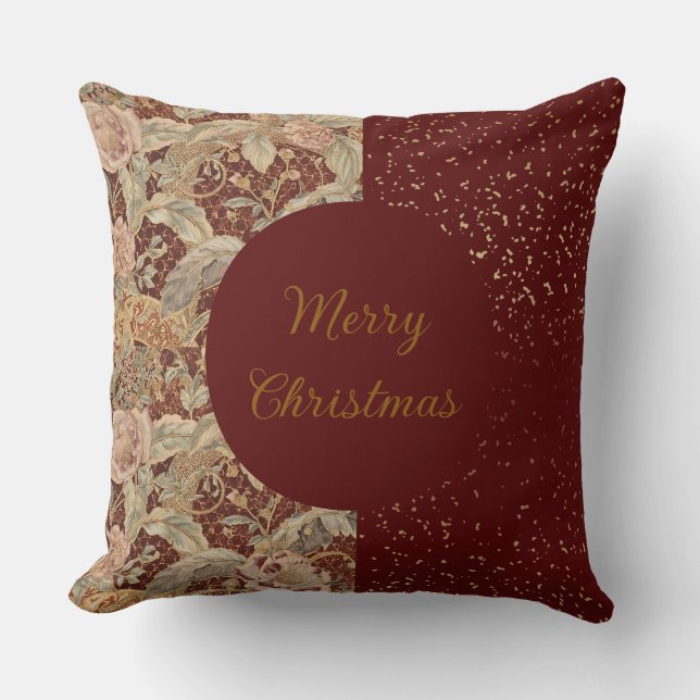 Flowers,Burgundi Red Gold Glitter, Merry Christmas Kudde (Framsida)