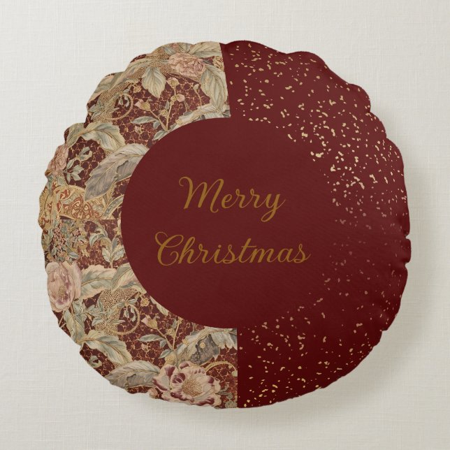 Flowers,Burgundi Red Gold Glitter, Merry Christmas Rund Kudde (Framsidan)