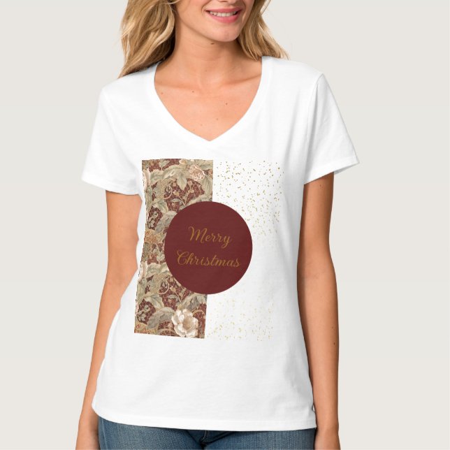 Flowers,Burgundi Red Gold Glitter, Merry Christmas T Shirt (Framsida)
