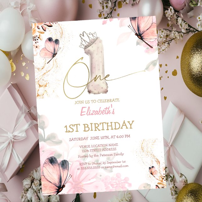  Flowers Butterfly Striped Chic 1s Birthday Inbjudningar (Skapare uppladdad)