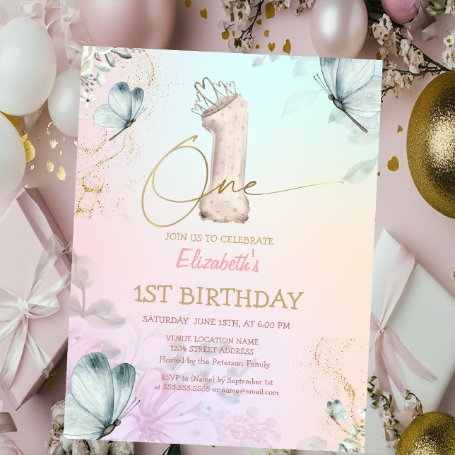  Flowers Butterfly Striped Colorful 1s Birthday Inbjudningar (Skapare uppladdad)