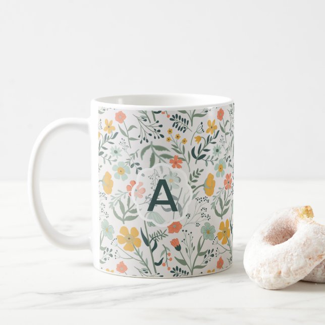 Flowers Coral Mustard Monogram Vivid Kaffemugg (Med munk)
