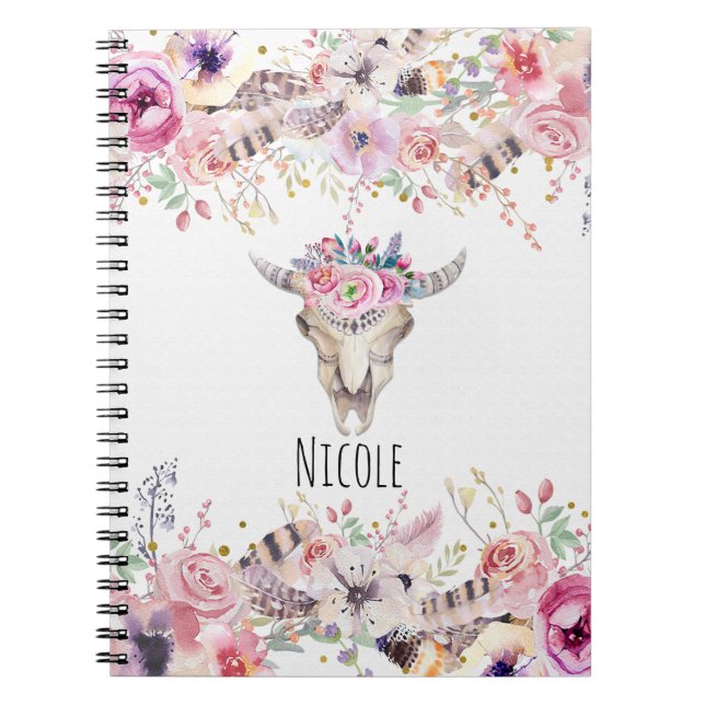 Flowers & Cow Skull Rustic Land Glam Boho Chic Anteckningsbok Med Spiral (Framsidan)
