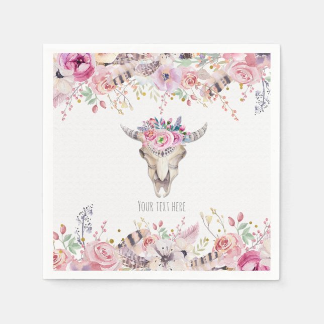 Flowers & Cow Skull Rustic Land Glam Party Pappersservett (Framsidan)