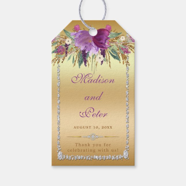 Flowers Diamonds Bröllop Guld Tack Presentetikett (Framsidan)
