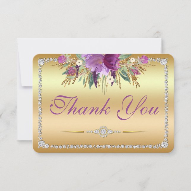Flowers Diamonds Bröllop Tack Guld Kort (Framsida)
