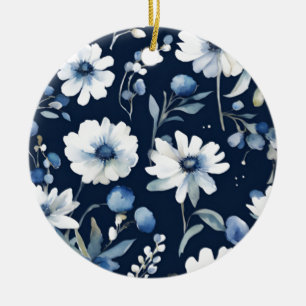 Flowers Elegant Watercolor Blue Julgransprydnad Keramik