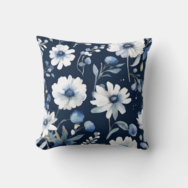 Flowers Elegant Watercolor Blue Kudde (Framsida)