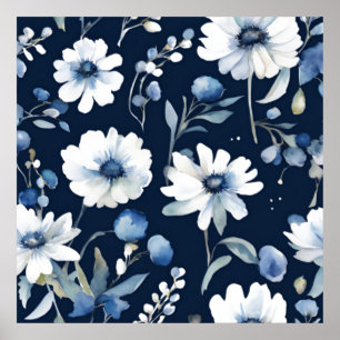 Flowers Elegant Watercolor Blue Poster