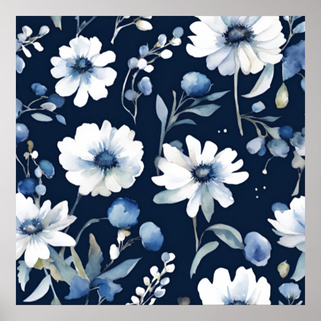 Flowers Elegant Watercolor Blue Poster (Framsidan)