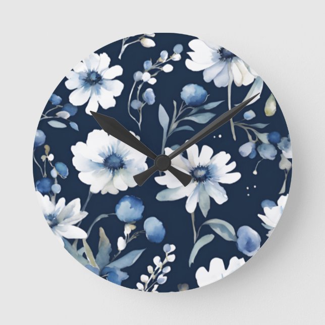 Flowers Elegant Watercolor Blue Rund Klocka (Framsida)