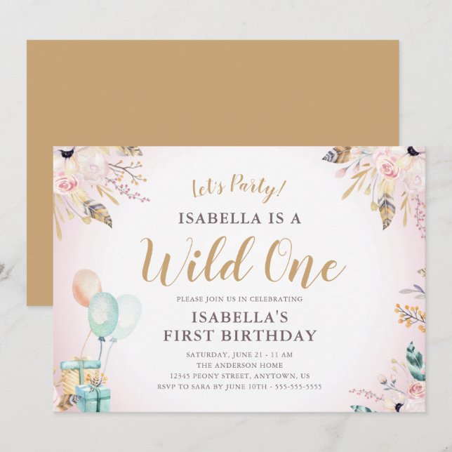 Flowers & Feathers Vild One Girl's 1st Birthday Inbjudningar (Fram/baksida)