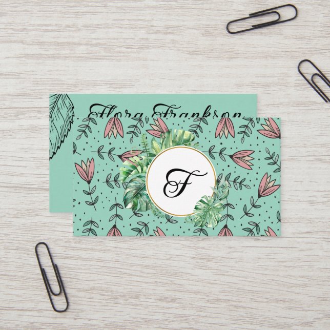 Flowers & Foliage simple small business card Visitkort (Fram/Back In Situ)