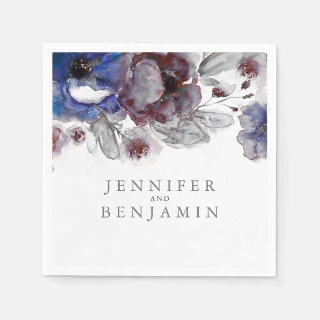 Flowers för marin och burgundisk vattenfärg pappersservett (Framsidan)