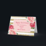 Flowers Friend och Hennes Make-årsdag Kort<br><div class="desc">Lycklig bröllop-årskort för vän och hennes make med söt rosa vattenfärgblommor,  guld rand och hjärtlig vers.</div>