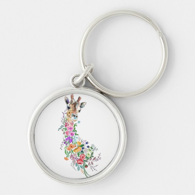 Flowers Giraffe Keychain Rund Silverfärgad Nyckelring (Framsidan)