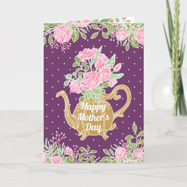 Flowers Gold Teapot Happy Mother's Day Kort (Framsida)