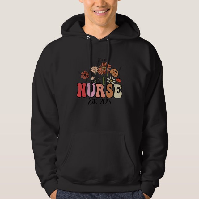 Flowers Groovy Retro Nurse Est2023 Nursing School  Hoodie (Framsida)