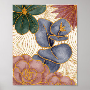 Flowers Guld Glittering Linjer Poster