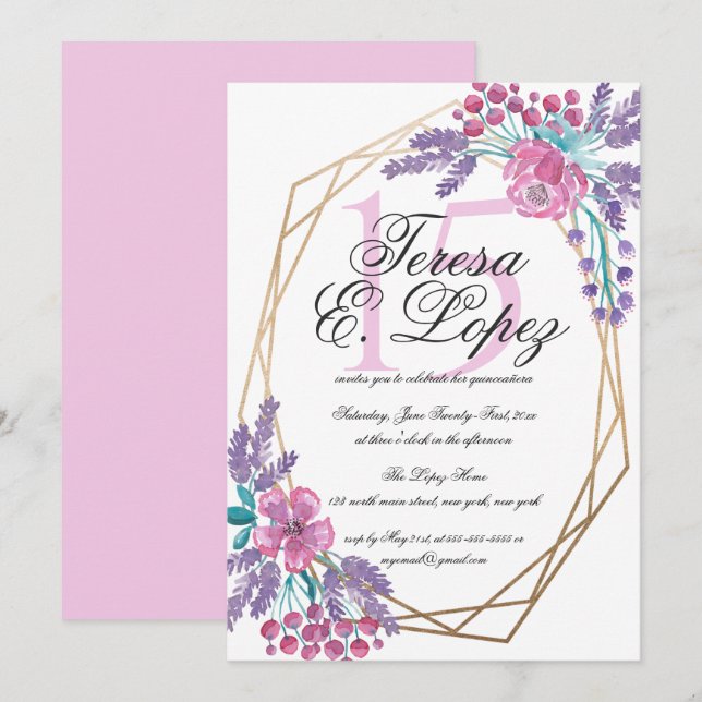 Flowers Guld Terrarium Watercolor Quinceañera Inbjudningar (Fram/baksida)