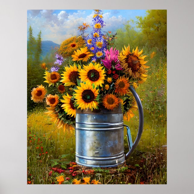 Flowers gult rosa teal Watering kan poster  (Framsidan)