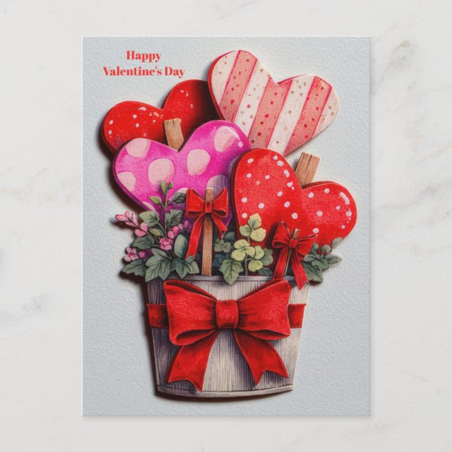 Flowers Hearts in a Pot Valentine`s Day Card  Vykort (Framsida)