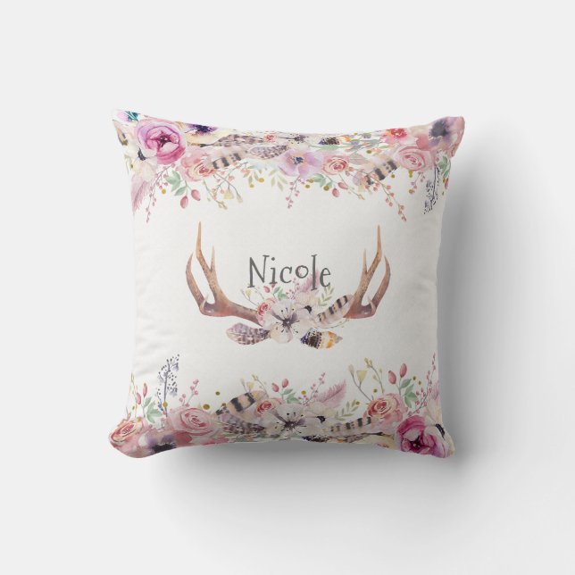Flowers & Hjort Antlers Rustic Farmhouse Chic Kudde (Framsida)